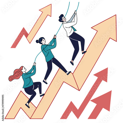 Teamwork and collaboration help people climb up financial growth charts towards success