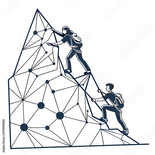 Two climbers ascend a stylized geometric mountain representing a network of connections and progress