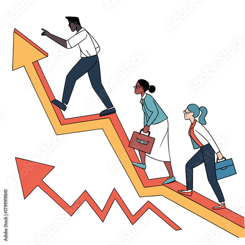 Diverse business professionals ascend an upward trending arrow symbolizing career growth and success
