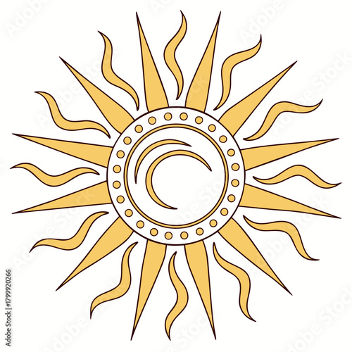 Stylized sun with crescent moon and wavy rays