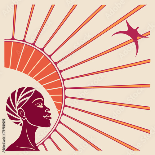 African woman looking towards a rising sun with a bird flying