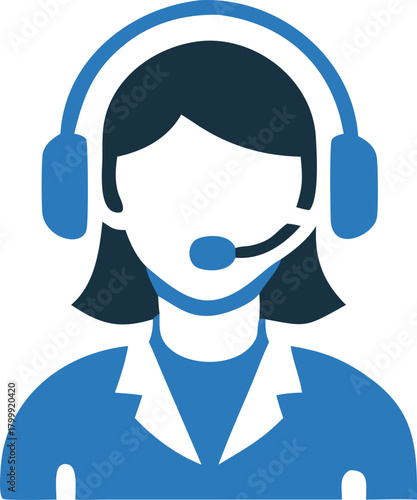 Smiling young woman icon wearing headset with microphone provides assistance service online now