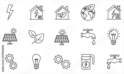 A set of thin line icons representing green energy, sustainability, and eco-friendly technology concepts 94
