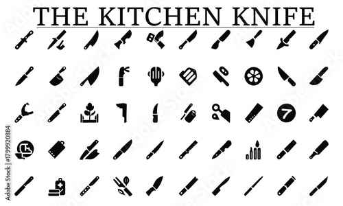Collection of kitchen knife icons and symbols for food preparation.
