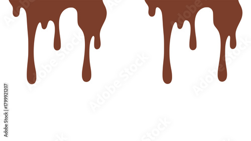 Melted chocolate or syrup drips isolated on a white background. Flowing liquid chocolate border element. A sweet brown syrup or sauce that melts and drips.