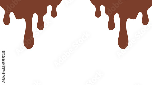 Melted chocolate or syrup drips isolated on a white background. Flowing liquid chocolate border element. A sweet brown syrup or sauce that melts and drips.