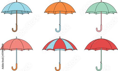 Colorful umbrella vector set with rain protection parasols in different styles for spring weather, monsoon season and outdoor design