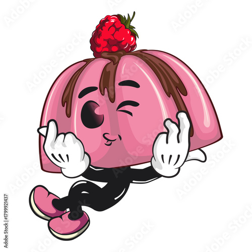 cute pink jelly dessert mascot cartoon vector food illustration, adorable raspberry pudding character with Chocolate Topping lying down sweetly while giving a sign of love, work of hand drawn