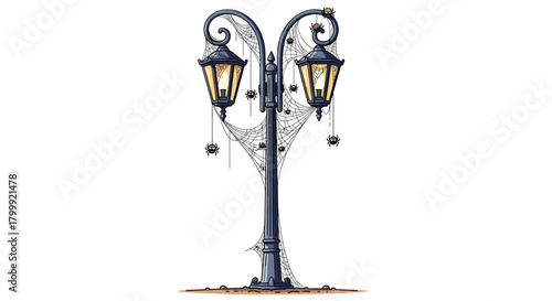 Halloween Streetlight A spooky street lamp draped with spiderwebs for Halloween decor