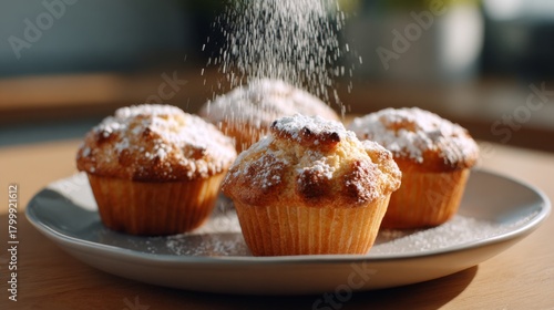 Freshly baked muffins dusted with powdered sugar on a light plate, capturing the warmth of the kitchen.