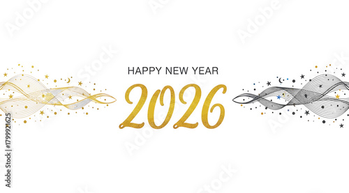 Happy new year 2026 text with golden numbers and abstract firework elements on a