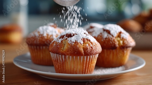 Delicious freshly baked muffins garnished with powdered sugar, creating a tempting dessert display on a wooden table.