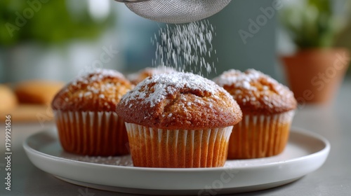Freshly baked muffins dusted with powdered sugar, showcasing a mouthwatering treat perfect for any dessert lover.