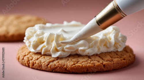A close-up of a delicious cookie topped with a swirl of fresh whipped cream, perfect for dessert lovers.