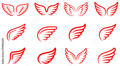 Collection of Red Angel Wings Icons on White Background