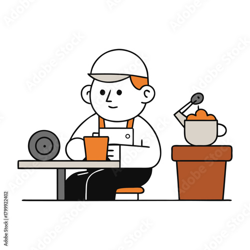 A lazy worker lounges with a steaming mug in a playful coffee-break design, capturing a relaxed moment with slouched posture, cozy vibes, and lighthearted workplace humor.