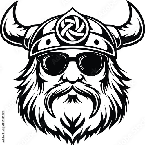Viking warrior with sunglasses, beard, and horned helmet boldly stares ahead in black and white