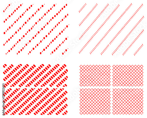 Four Red Diagonal and Grid Patterns on White Background