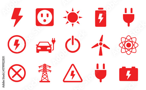 Red Icons Representing Electricity, Energy, and Power Sources