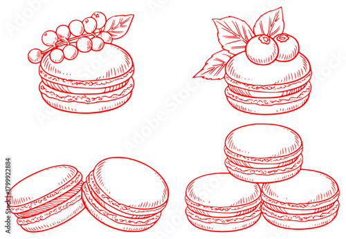 Red Line Art Illustrations of Macarons with Berries and Leaves