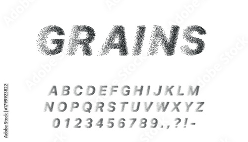 Grainy halftone font with dispersed dot texture on white