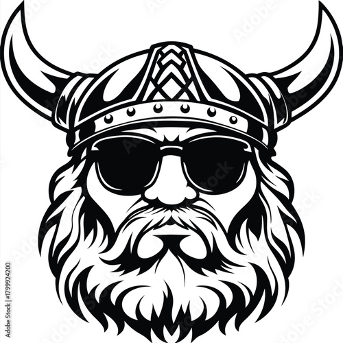 Viking warrior's bold monochrome visage features horned helmet and dark sunglasses for added mystique