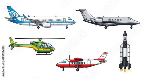 Vector Icons of Various Aircraft Including a Jet, Helicopter, Propeller Plane, and Rocket