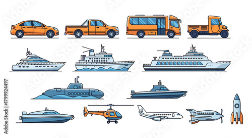 Set of modern transportation modes featuring cars, trucks, buses, ships, planes, and helicopters, illustrating diverse global mobility solutions in a clean vector style