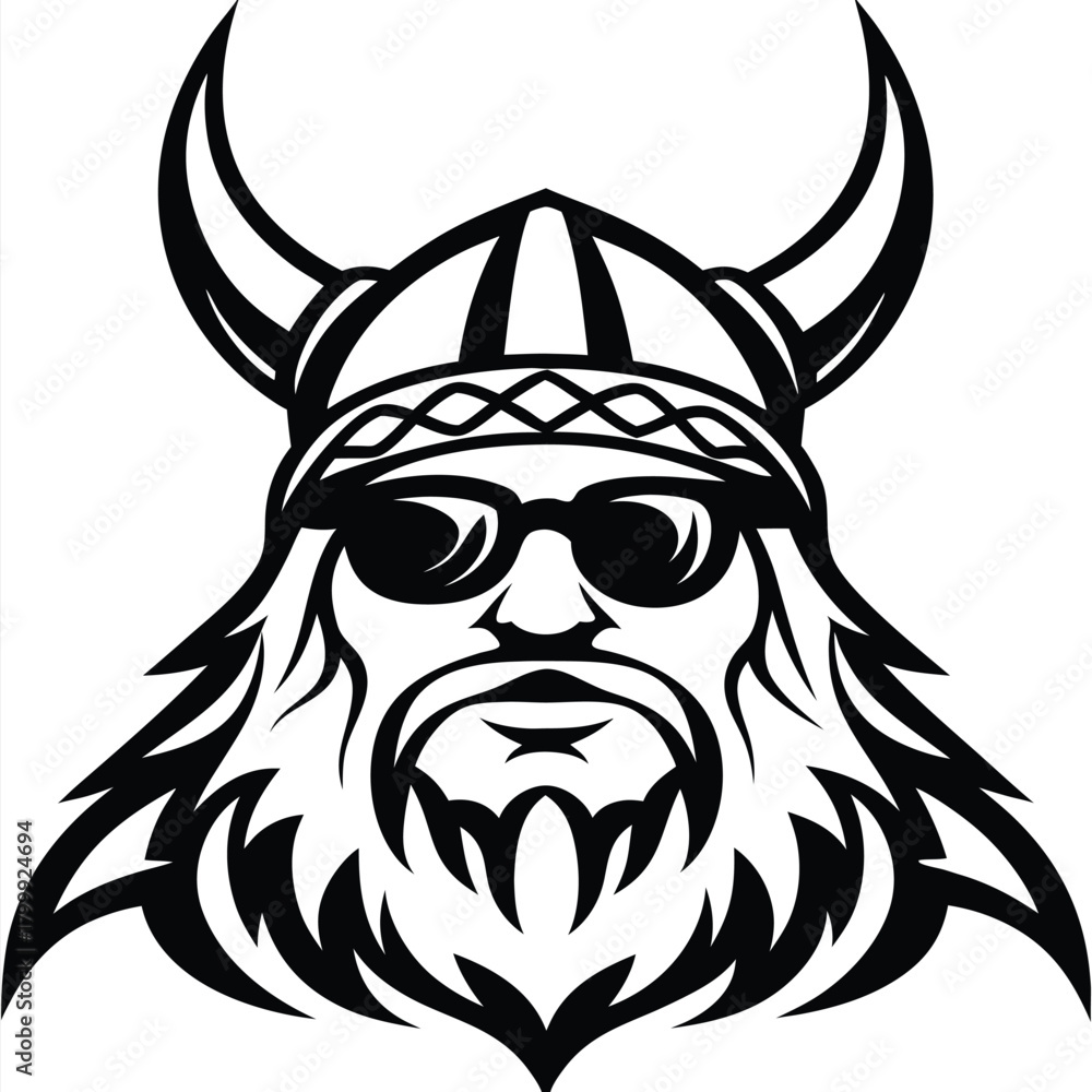 Obraz premium Monochrome drawing of a Nordic Viking face wearing sunglasses and helmet with horns is seen