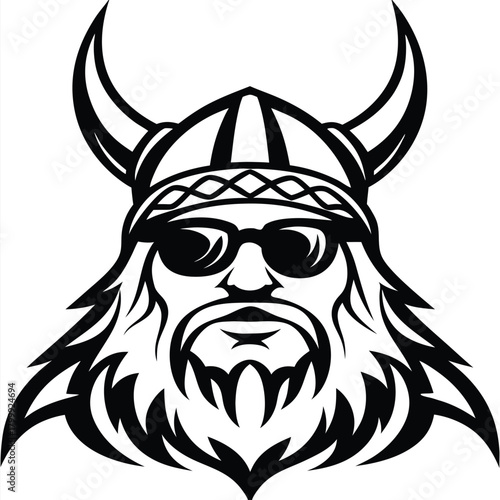 Monochrome drawing of a Nordic Viking face wearing sunglasses and helmet with horns is seen