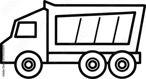 Simple Line Art Illustration of a Dump Truck with Three Axles and a Large Bed