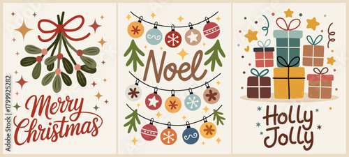 Set of three minimalist Christmas card designs with mistletoe, ornaments, and gift boxes in a whimsical hand-drawn style, featuring festive colors, sparkles, and clean modern layout.