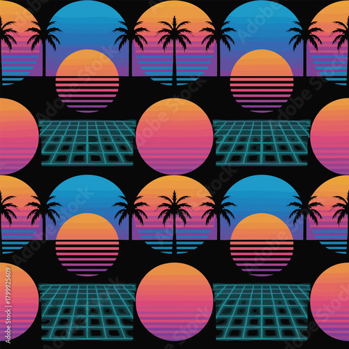 Vaporwave Seamless Geometric Pattern with Neon Sun Discs and Palm Trees.