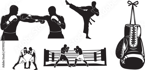 Boxing and martial arts vector silhouette illustration of two boxers and a fighter