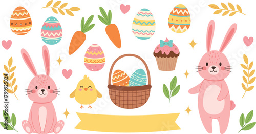 Cute Easter bunny clipart collection with decorated eggs, carrots, spring flowers, chick, basket and cupcake in pastel colors