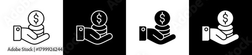 Cost icon set in line and glyph style on black and white background