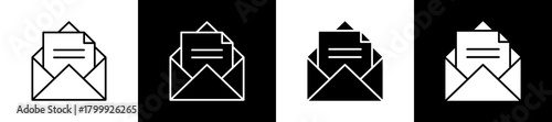 Email icon set in line and glyph style on black and white background