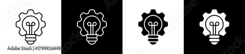 Implementation icon set in line and glyph style on black and white background