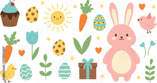 Cute Easter bunny clipart set with spring flowers, eggs, carrots, gift box, baby chick and adorable kawaii holiday illustrations