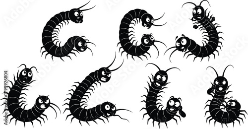 Set of expressive cartoon centipede characters showing funny emotions, cute insect poses, animated creature behaviors, perfect for children’s illustrations, comics, and playful vector artwork