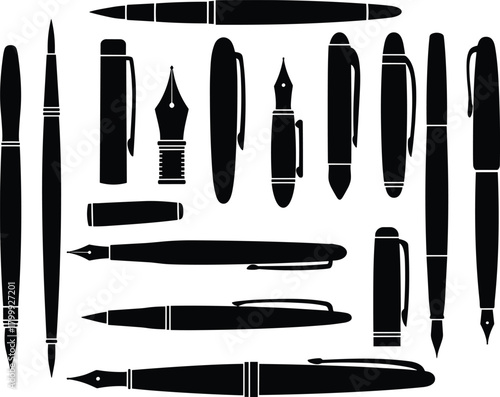 Black silhouette collection of pens, brushes, and fountain nibs in clean minimal style, perfect for design resources, creative projects, branding elements, and digital illustration