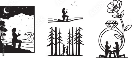 Silhouette of propose elements including nature scene engagement and wedding ring