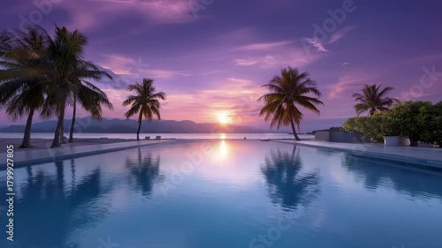 An infinity pool at dusk with silhouetted palm trees and a vibrant purple sunset over distant mountains and the sea