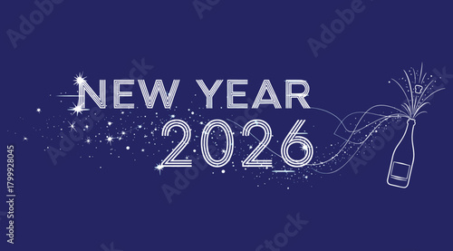 Happy new year 2026 celebration with a champagne bottle popping and sparkling confetti, representing a festive and exciting start to the new year, isolated on a dark blue background