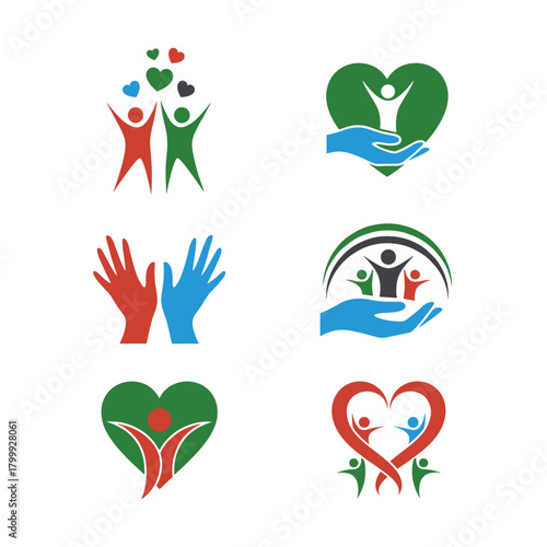 Set of Community Health, Care, and Support Logo Concepts Vector. Collection of Heart, Hands, and Human Figure Emblems for Charity.