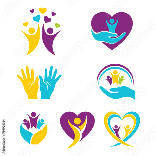 Set of Community Care, Charity, and Support Logo Concepts Vector. Collection of Heart, Hands, and Human Figure Emblems