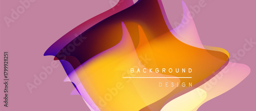 Abstract fluid shapes overlap, creating vibrant color gradients. Pink backdrop complements orange, purple hues. Modern design element.