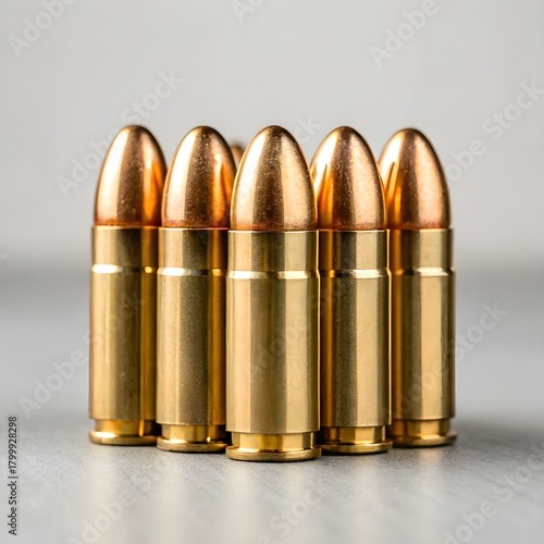 Five Brass Bullet Ammunition Standing Upright on Gray Background