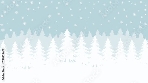 Winter landscape with white christmas trees and falling snow on a light blue background scene outdoors
