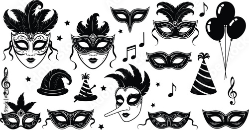 Collection of festive carnival masks, feathers, party hats, and musical elements in elegant black silhouette style for celebration design, decoration artwork, and graphic illustration, 